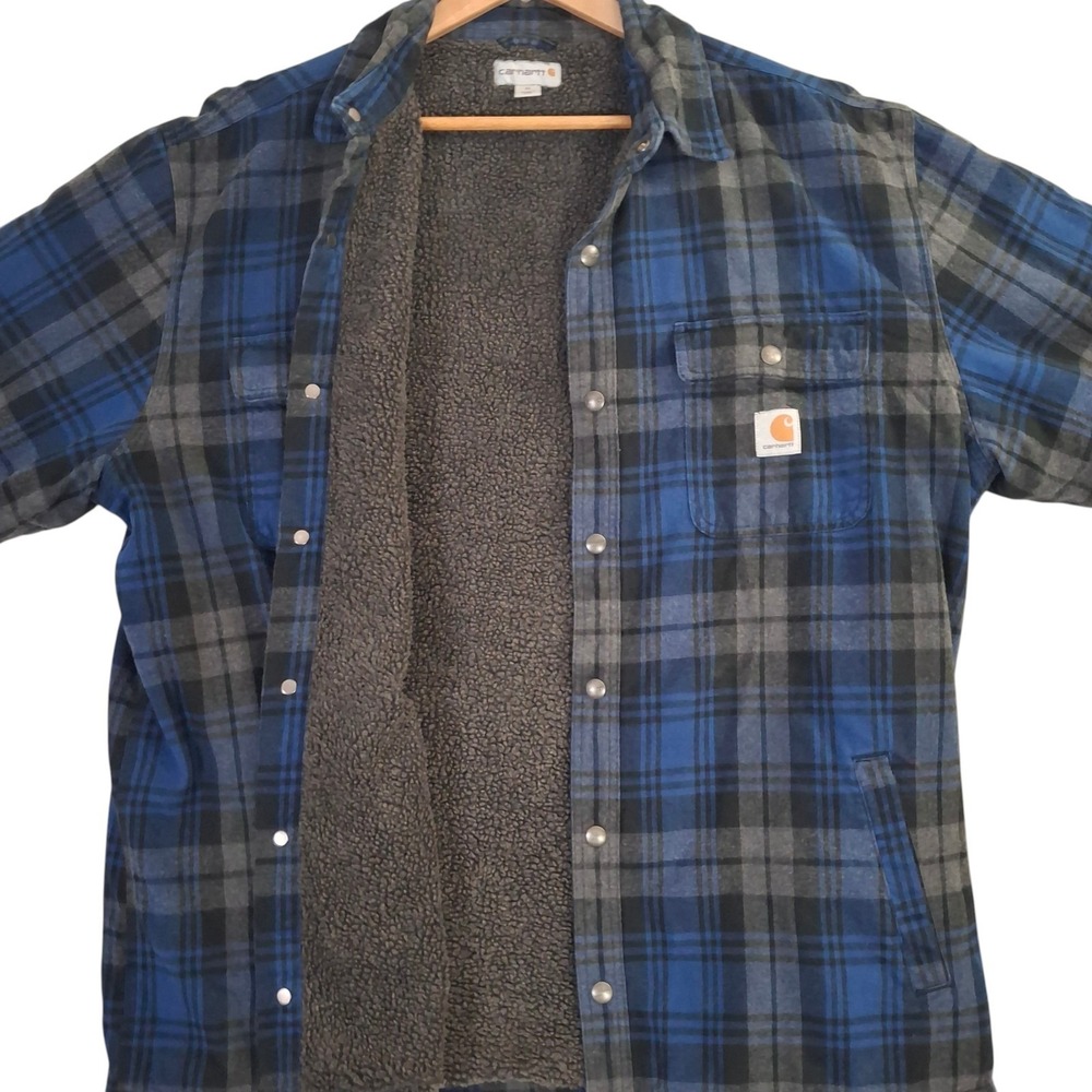 Carhartt Hubbard Sherpa Lined Shirt Jacket Mens XL Blue Plaid Flannel Shacket